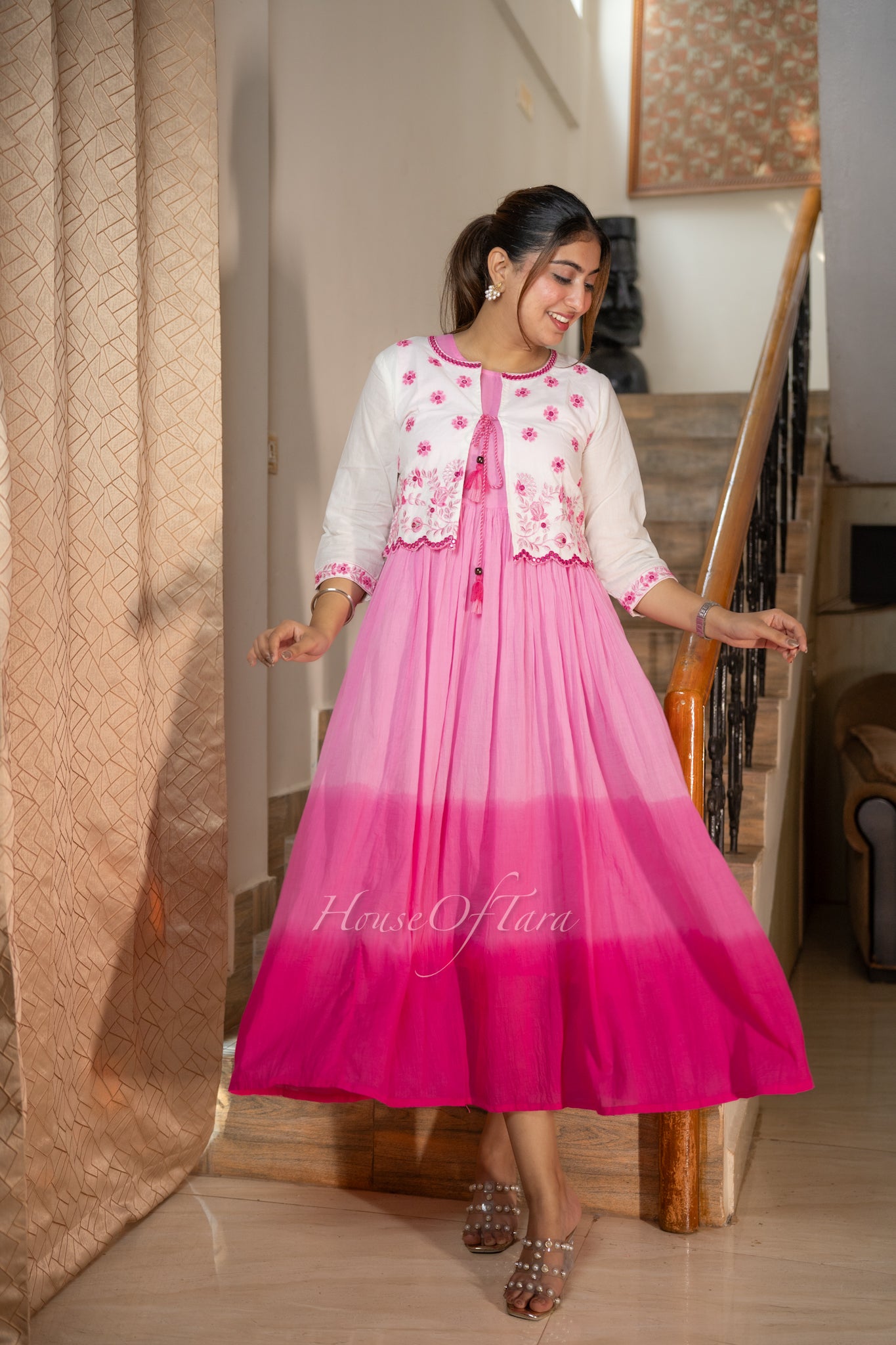 Ombre Pink frock with White Embroidered Coat – Elegant Ensemble