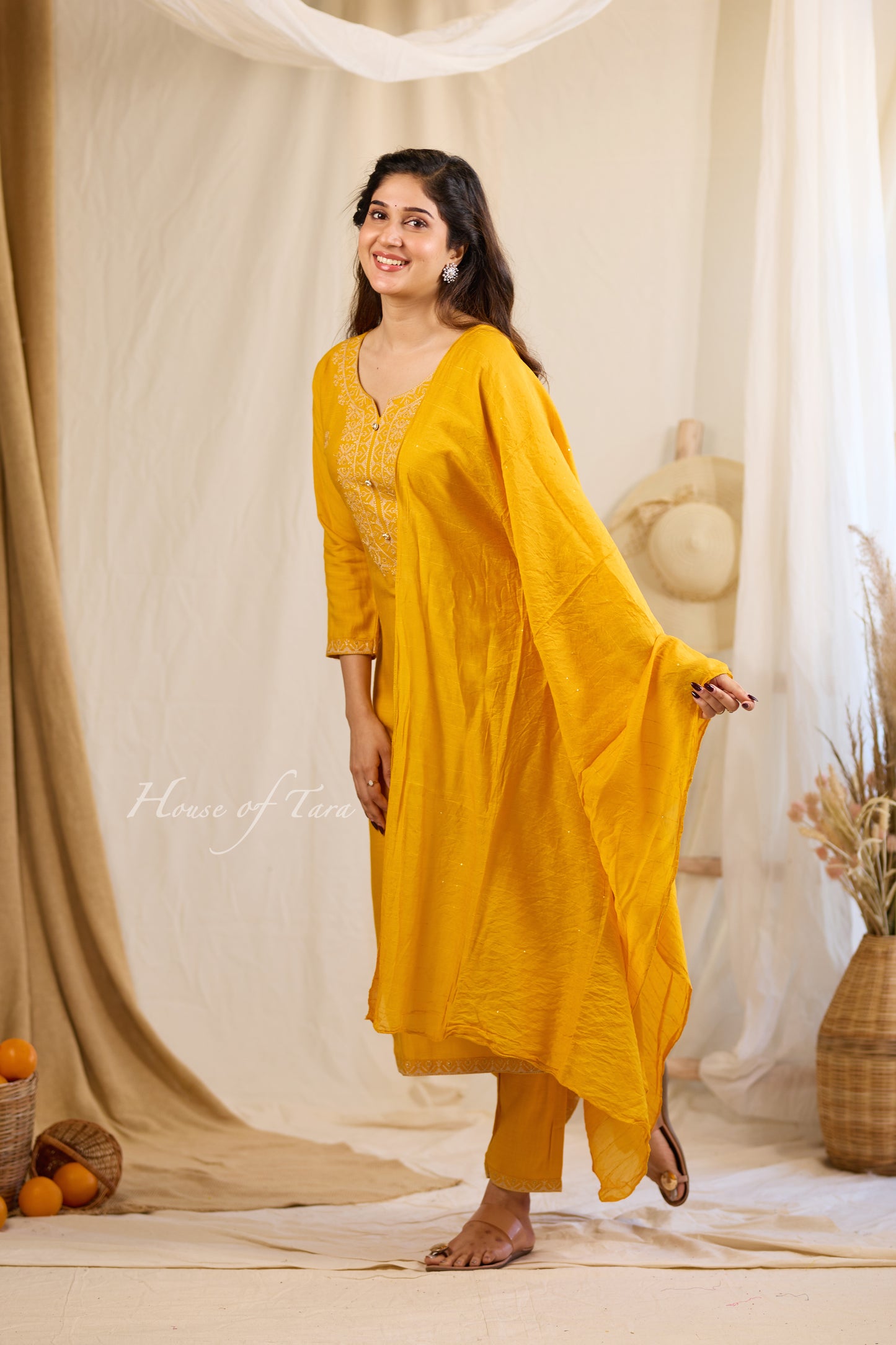 Affordable Embroidered Rayon Kurti Set in Mustard yellow