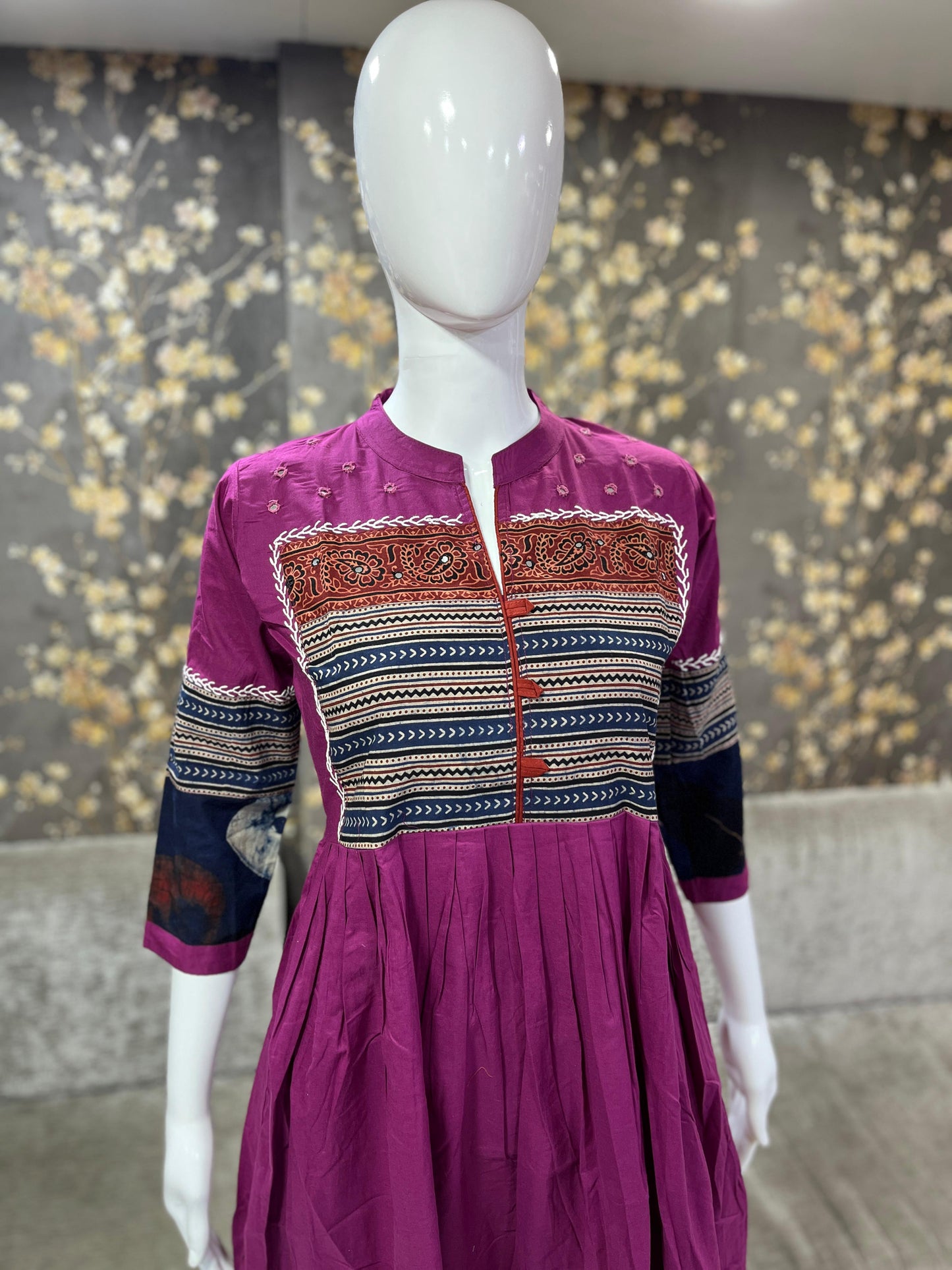 Cotton frock with Ajrak print and mirror work and katha work