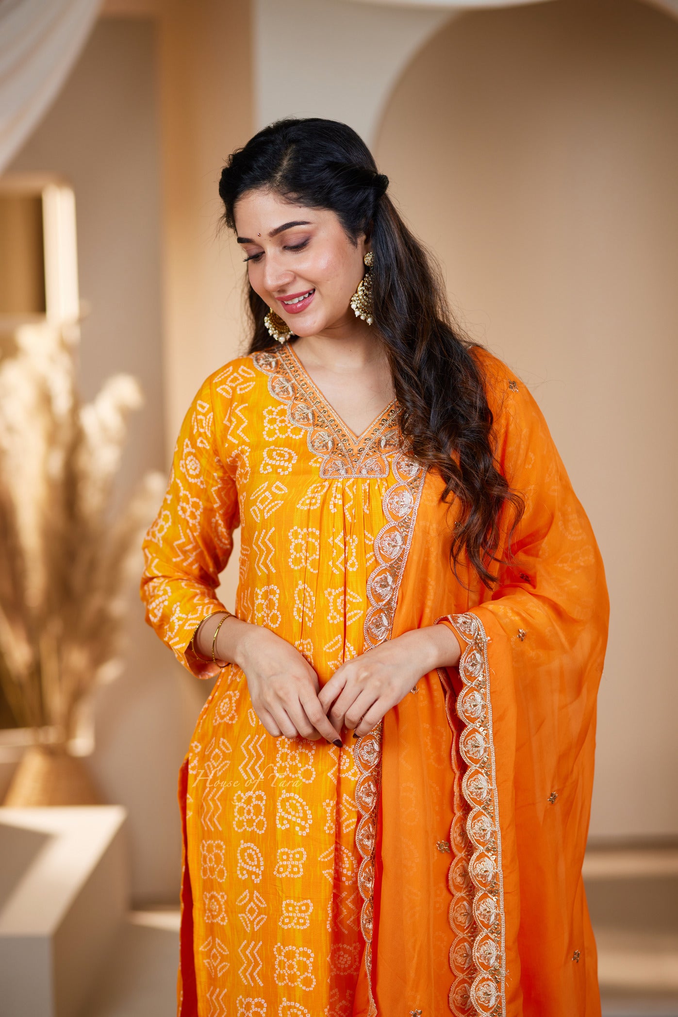 Orange Bandhani Printed Kurti Set with Embellished Neckline