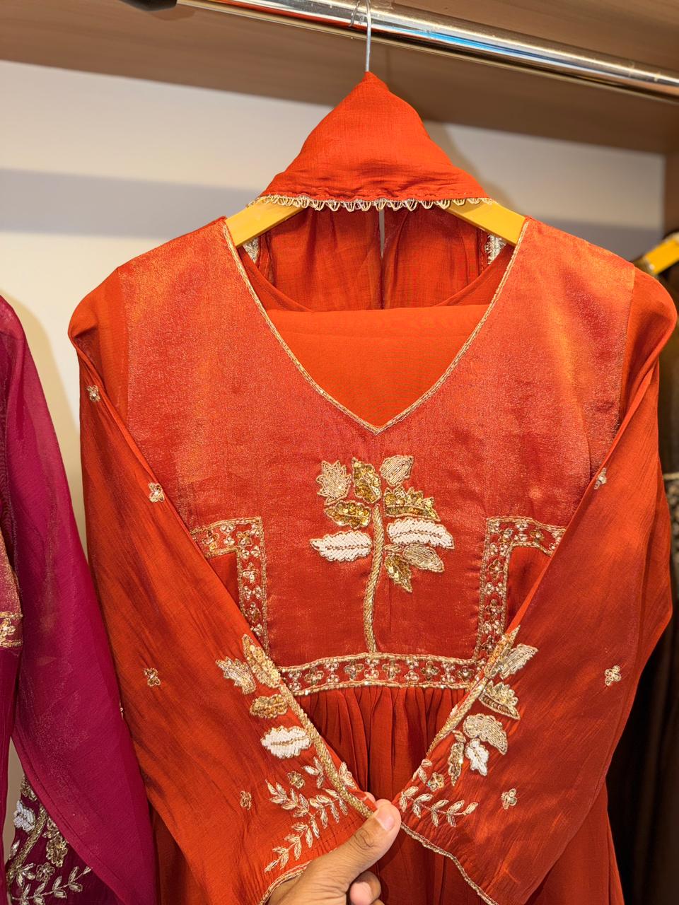 Aarohi Embroidered Yoke Mulchanderi Flared Dress (Wine/Orange/Coffee)