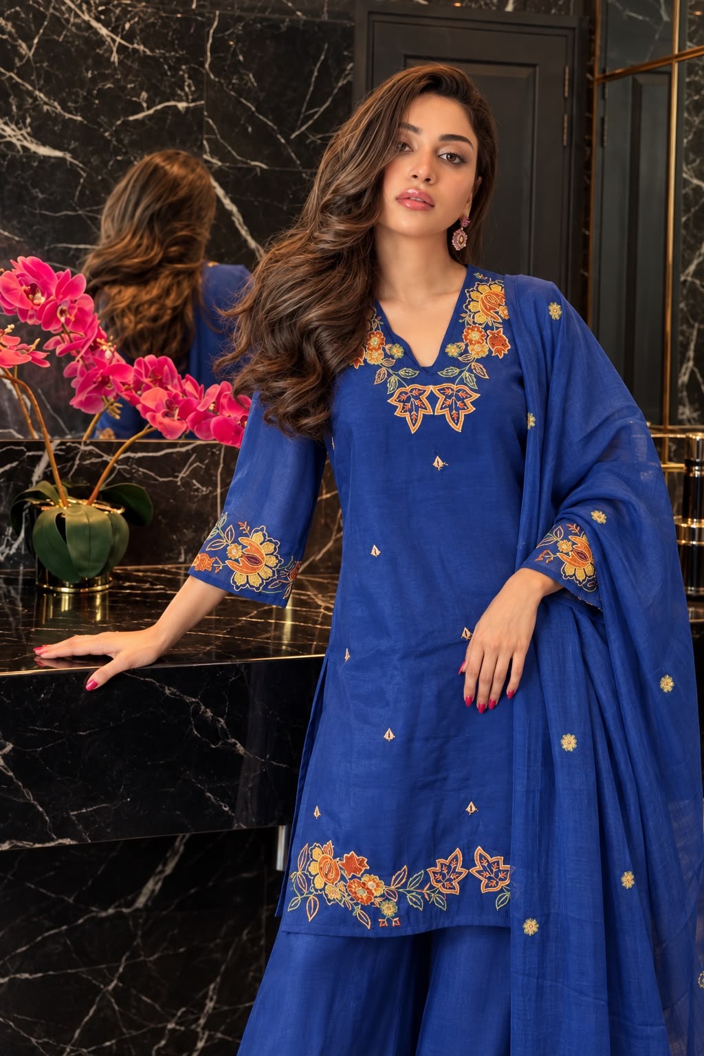 Royal Blue Floral Embroidered Suit Set