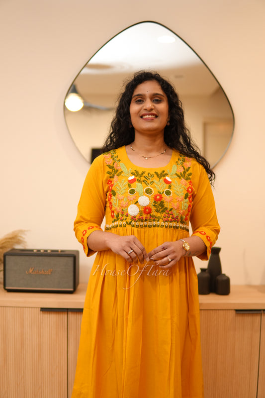 Yellow Stylish Cotton Frock with Hand-Embroidered Yoke