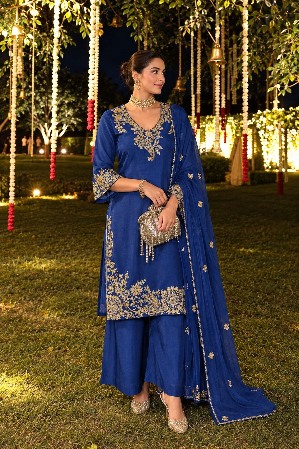 Royal Blue & Gold Kurta Palazzo Set with Dupatta