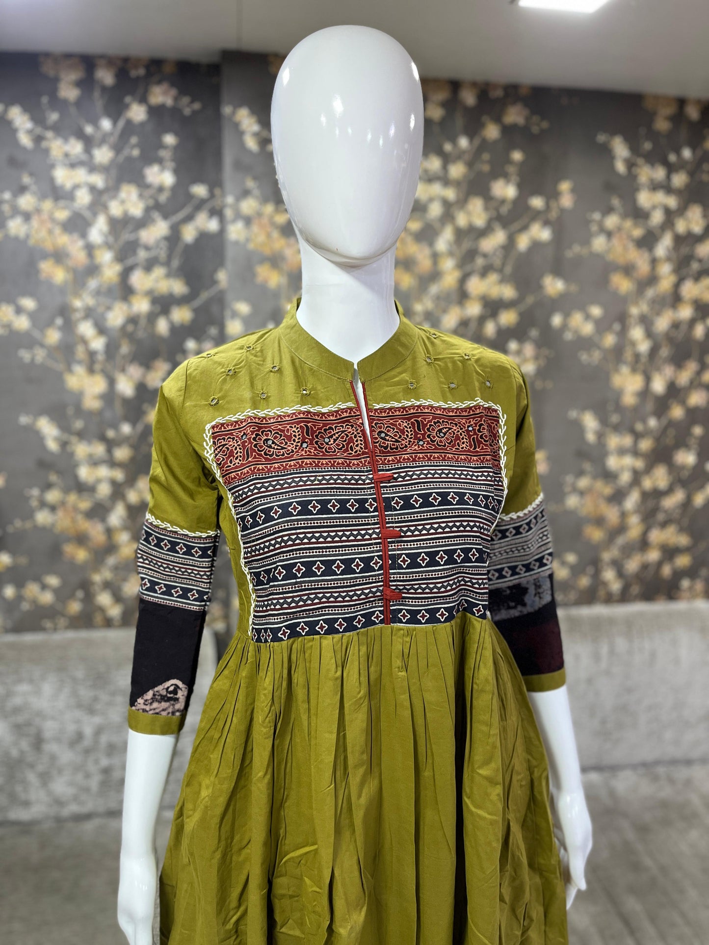 Cotton frock with Ajrak print and mirror work and katha work