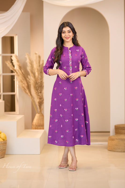 Purple Cotton Frock with All-Over Floral Hand Embroidery - Summer Elegance