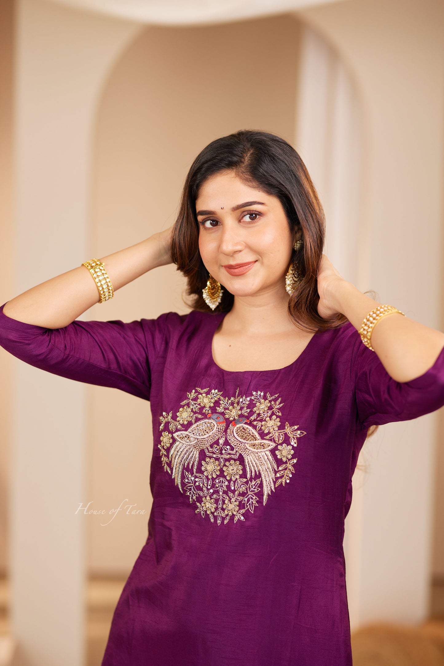 Wine Elegant Raw Silk Kurti Sets with Hand Embroidered on Yoke