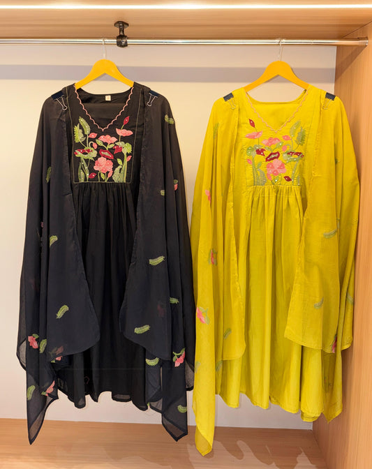 Midnight Garden Hand-Embroidered Flared Dress with Cape Dupatta (Black/Yellow)
