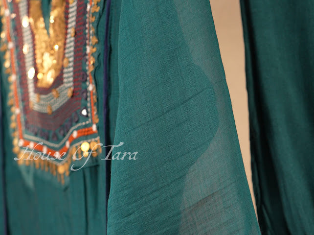 Teal Mirror-Work Embroidered Kurti