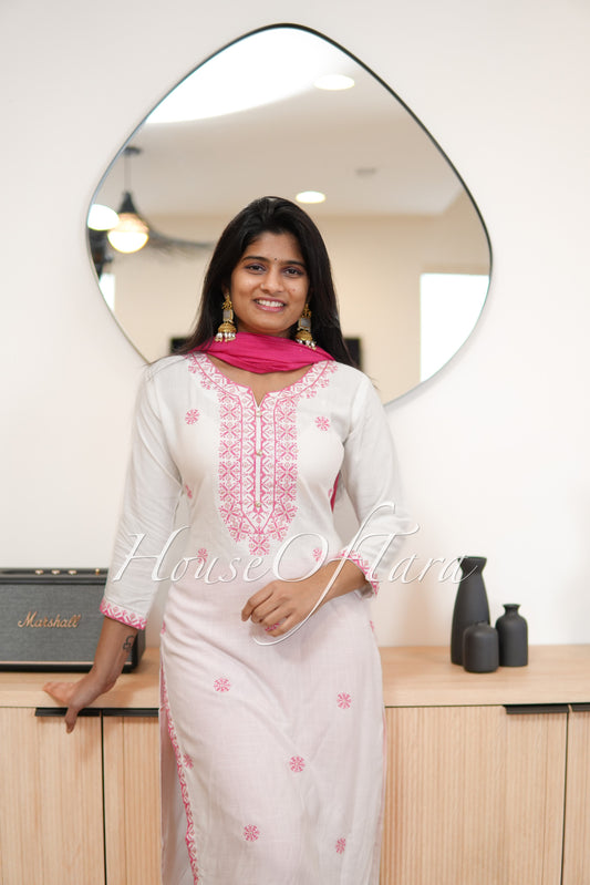 Affordable Embroidered Rayon Kurti Set in White and Pink kurti set