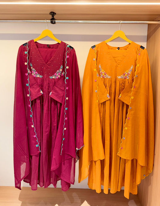 Rangrez Floral Embroidered Mulcotton Dress (Wine/Mustard yellow