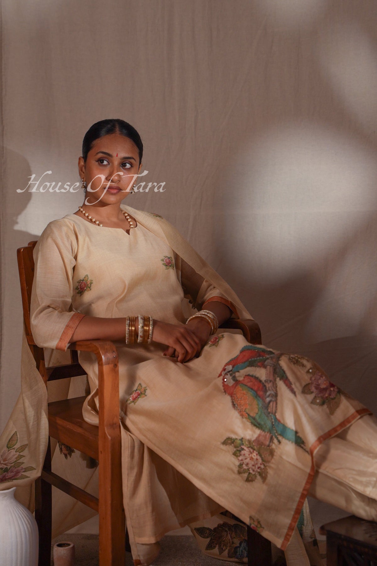 Beige Jamdani Peacock & Floral Kurta Set