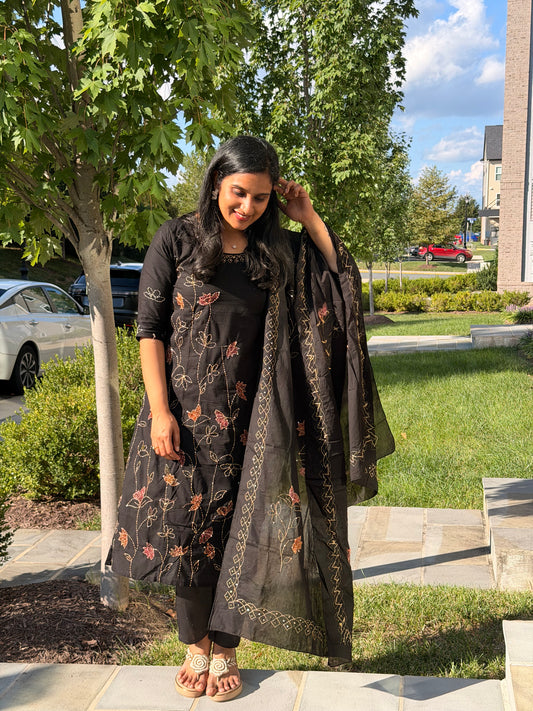 Black Printed Cotton Kurta Set