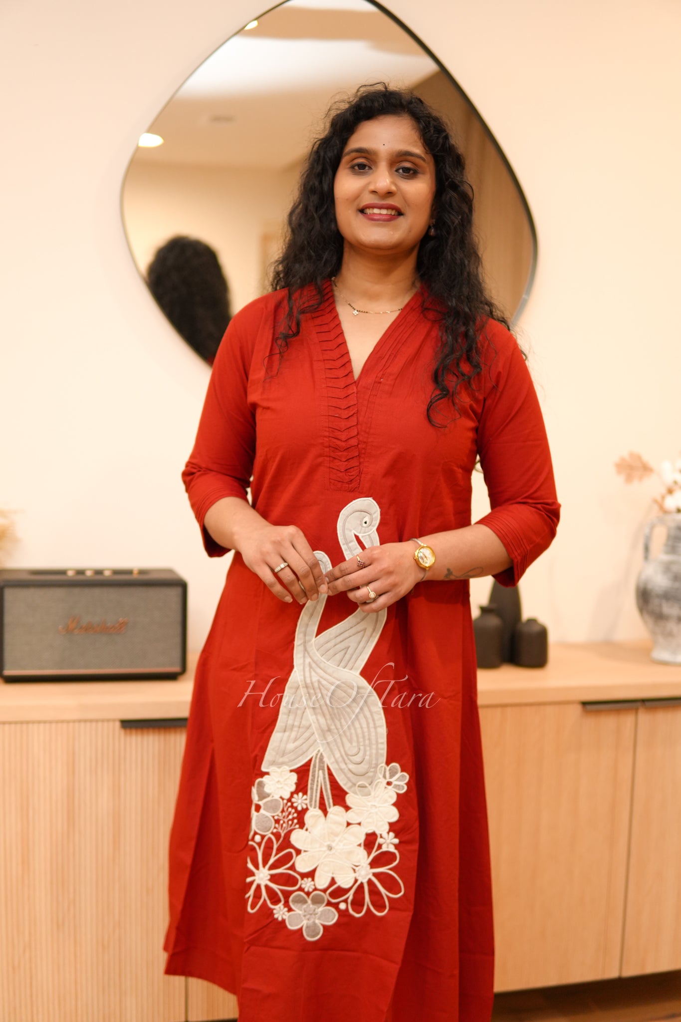 Red Green Charming Cotton Frock with Swan Appliqué Details