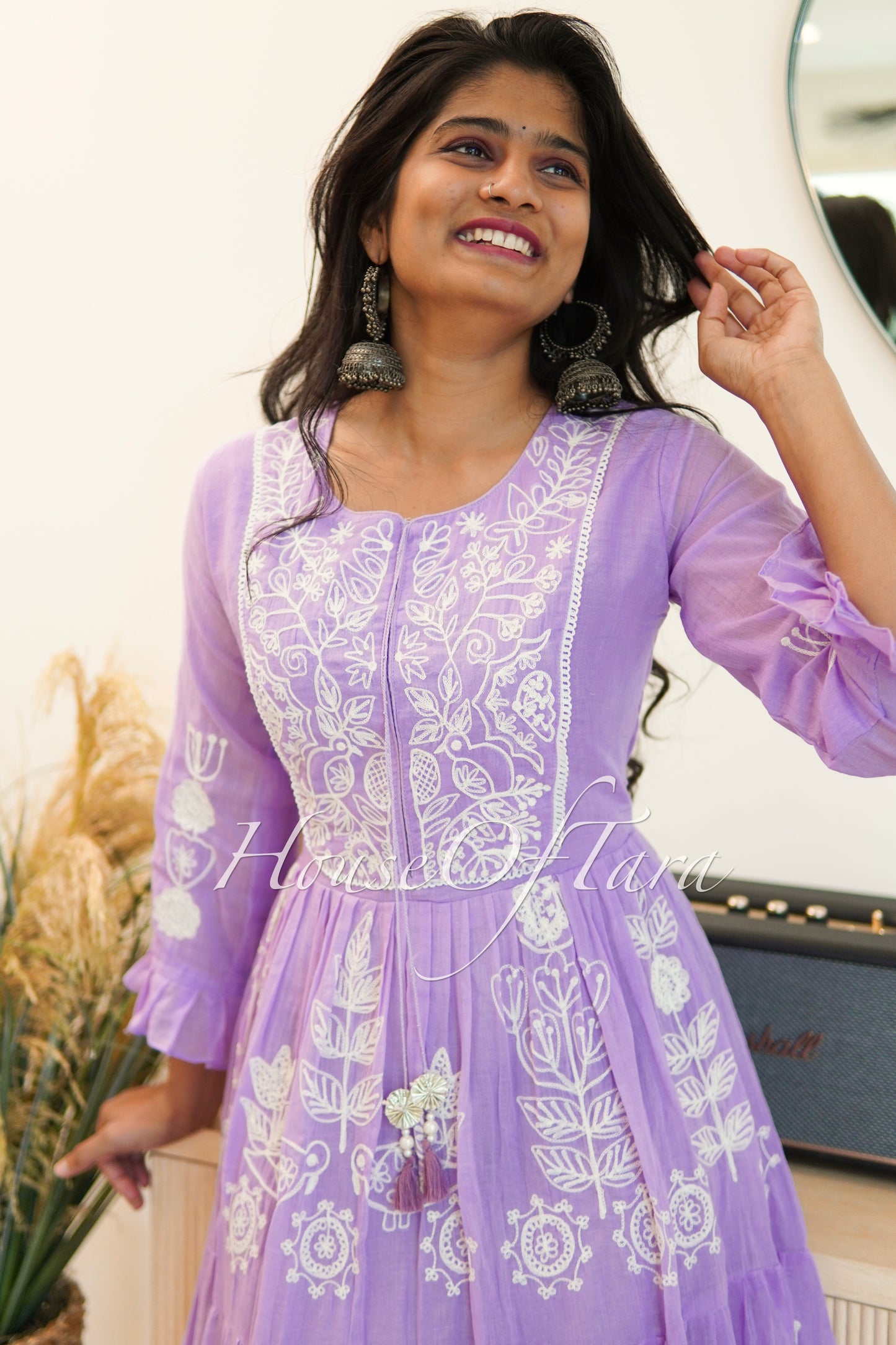 Lavender Mulcotton Frock with All-Over Embroidery - Subtle Elegance