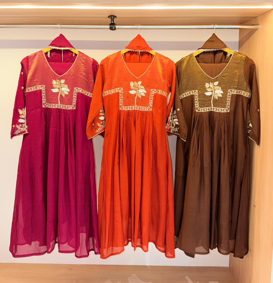 Aarohi Embroidered Yoke Mulchanderi Flared Dress (Wine/Orange/Coffee)