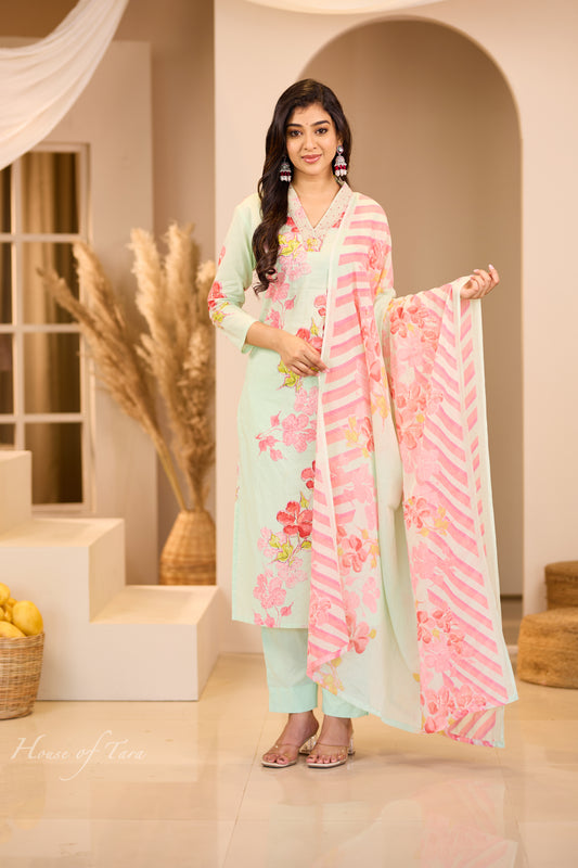 Pastel Green Cotton Kurti with Pink Floral Print - Stylish Summer Comfort