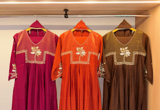 Aarohi Embroidered Yoke Mulchanderi Flared Dress (Wine/Orange/Coffee)