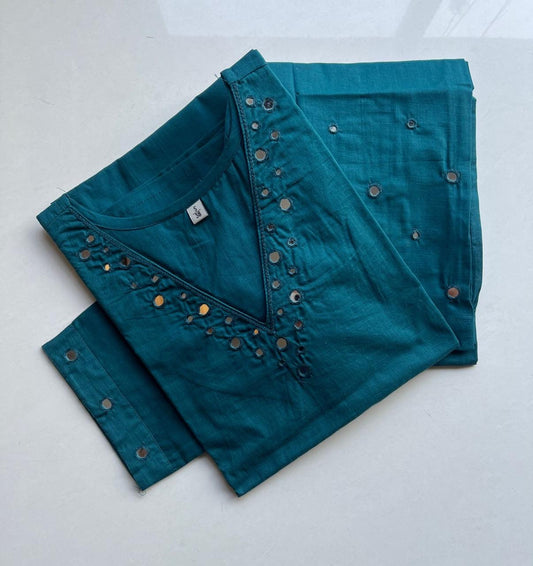 Peacock green Mirror Work Two-Piece Cotton Kurti Set