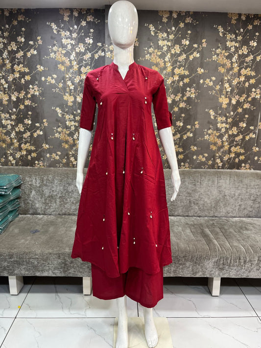 Red Cotton A-Line Kurta & Palazzo Set with Mirror & Pearl Work | Side Pocket Design