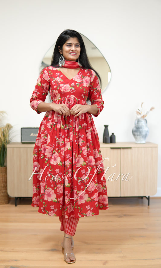 Red Digital Print Cotton Alia Cut Anarkali with Embellished Yoke and Adjustable Back Threads