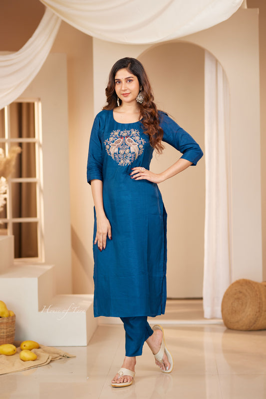 Blue Elegant Raw Silk Kurti Sets with Hand Embroidered on Yoke