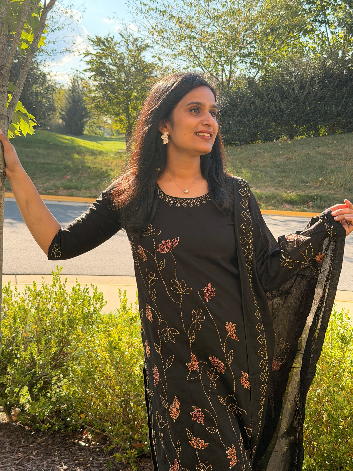 Black Printed Cotton Kurta Set