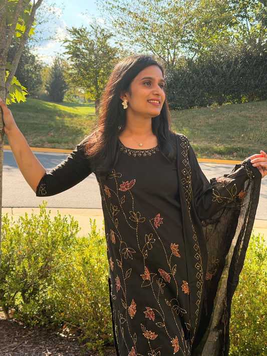 Black Printed Cotton Kurta Set