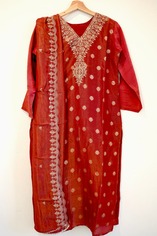 Maroon Red Three-Piece Tissue Shimmer Kurti Set with Embellished Yoke and Designer Dupatta