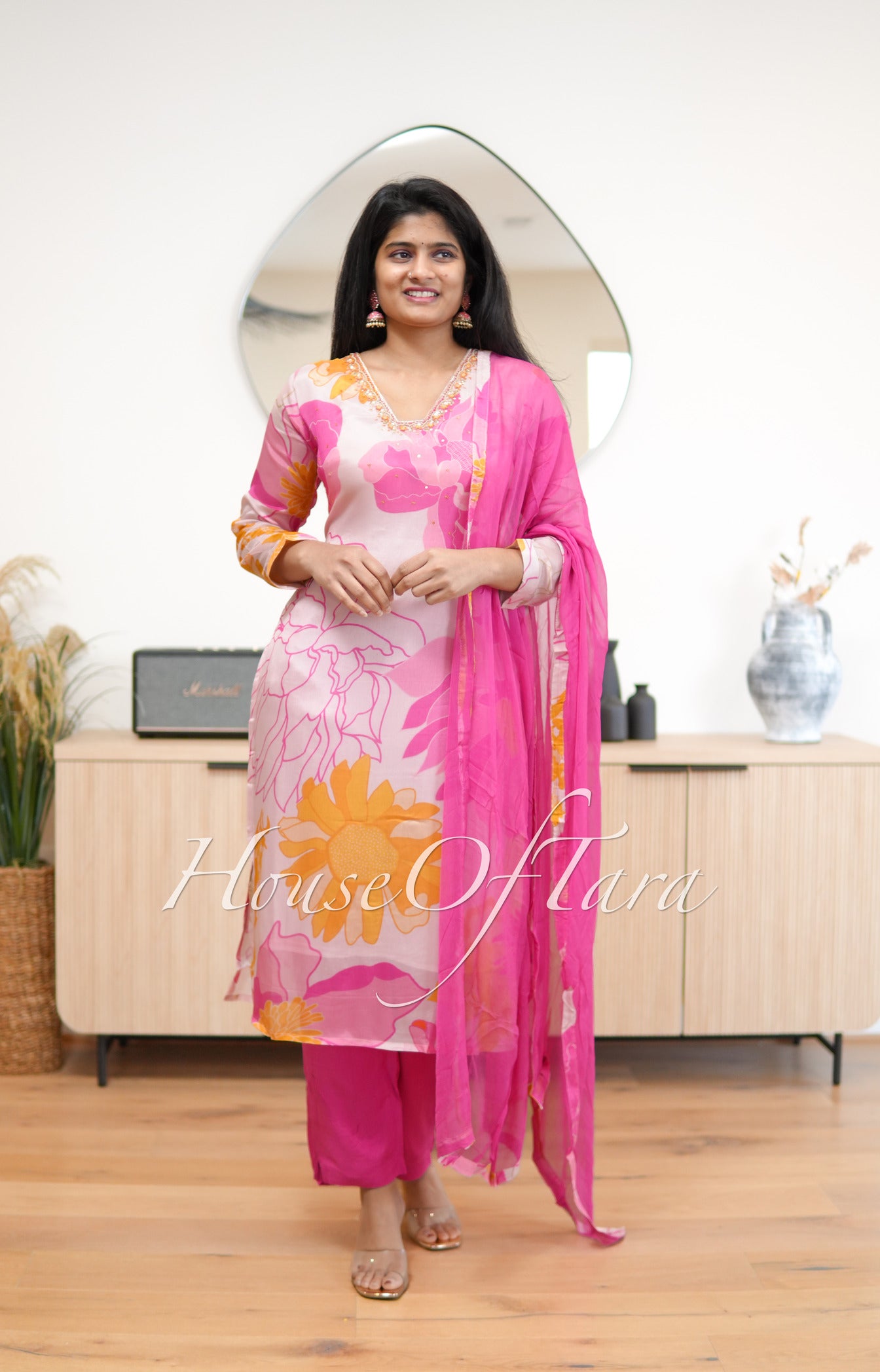 Pink Chinnon Kurti Set with Floral Print and Embroidery
