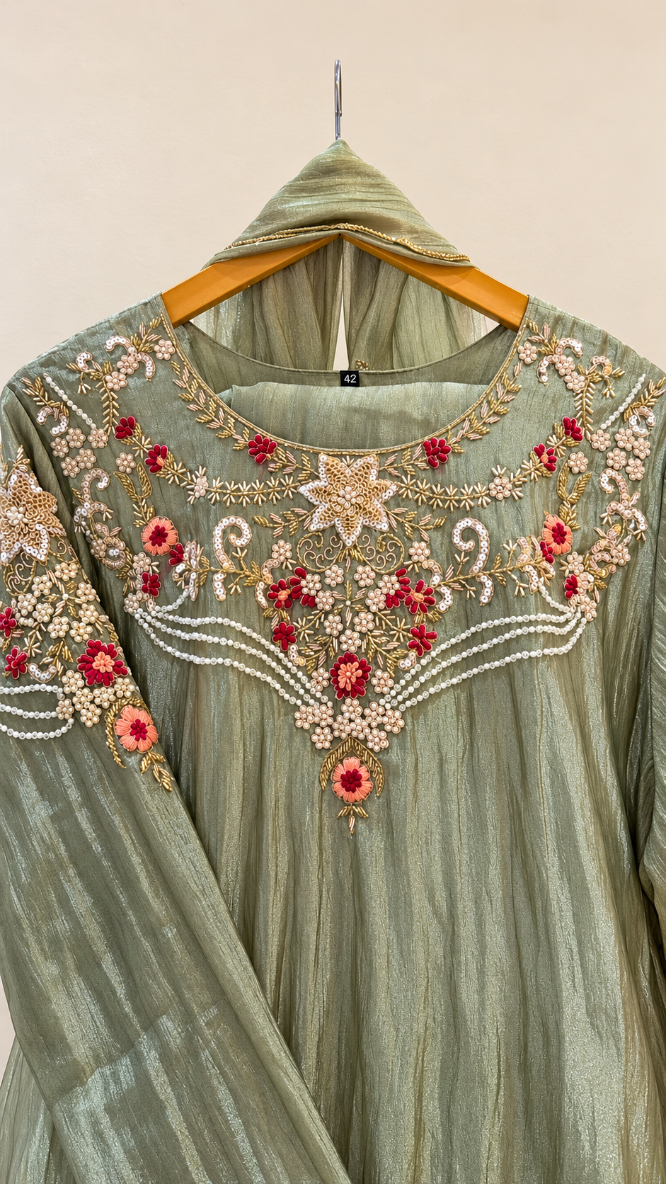 Floral Embroidered Flared Dress – Sage Green or Champagne Gold