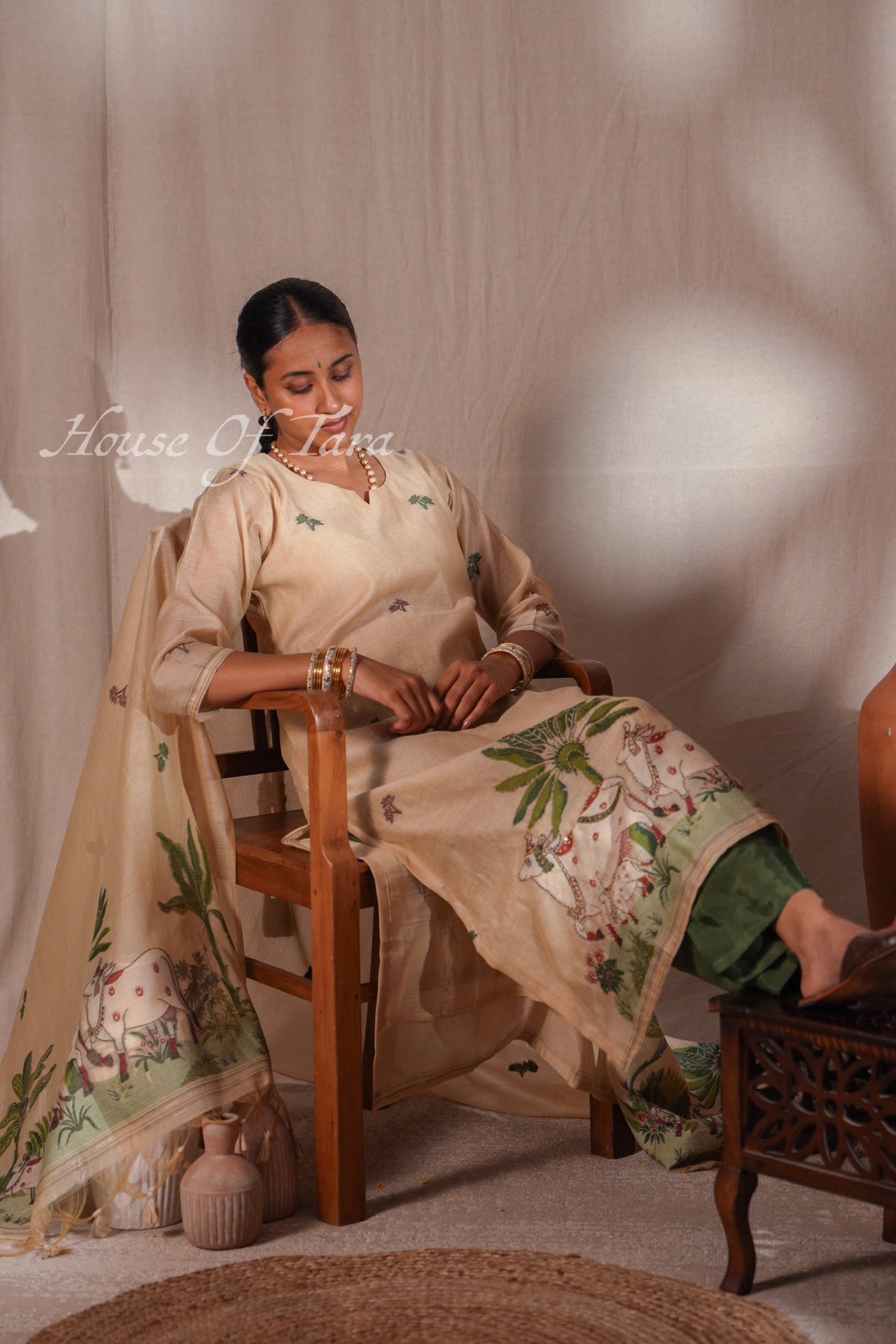Beige Jamdani Peacock & Floral Kurta Set