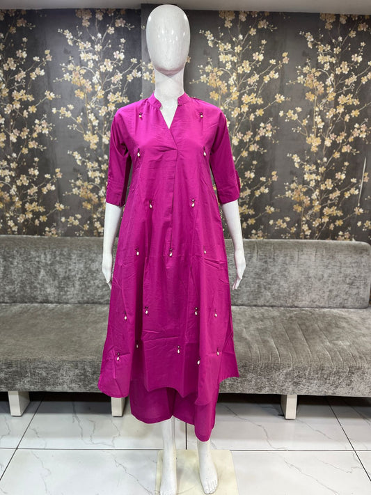 Pink Cotton A-Line Kurta & Palazzo Set with Mirror & Pearl Work | Side Pocket Design