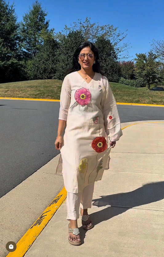 Cream Floral Appliqué Kurta Set