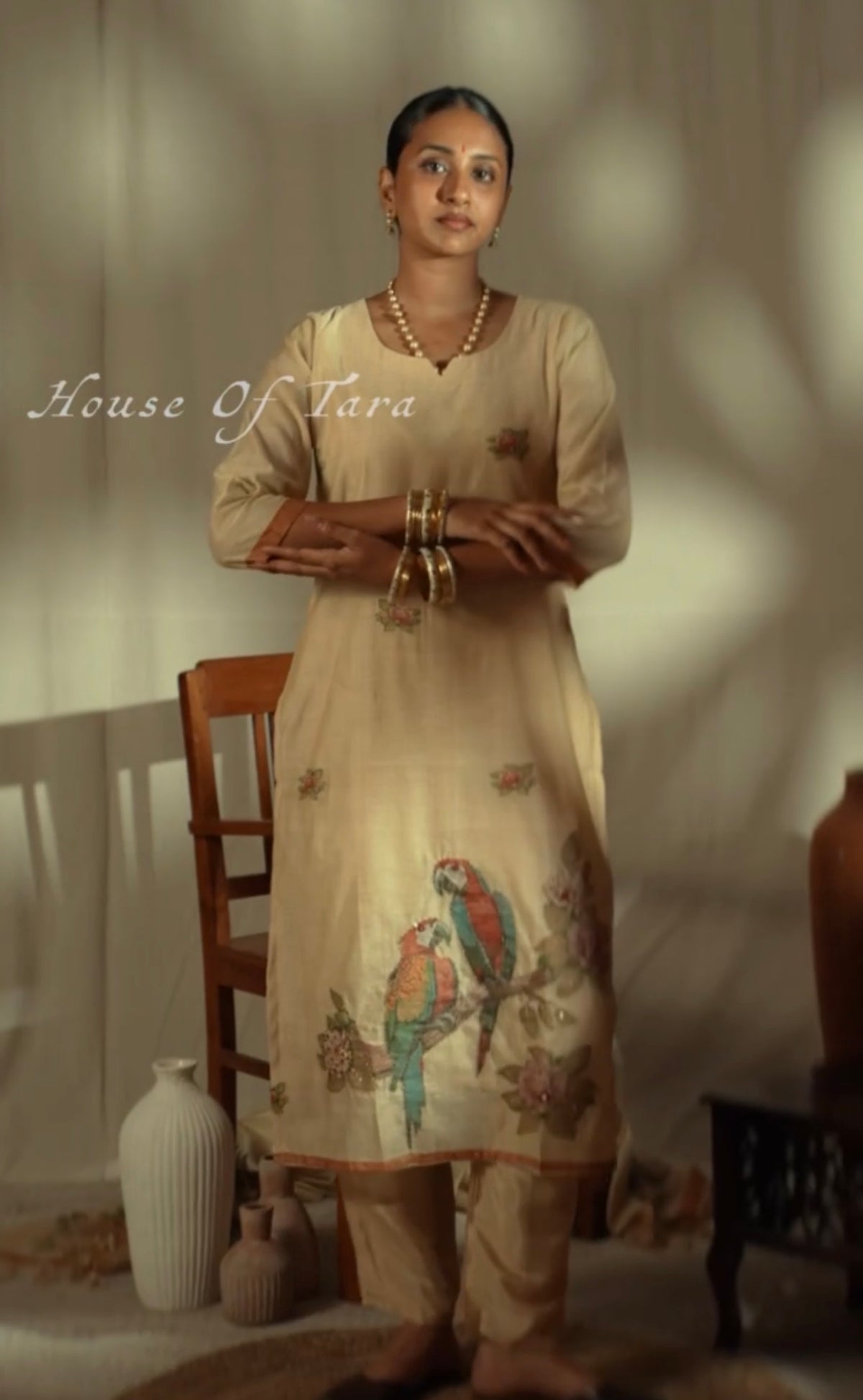 Beige Parrot & Floral Kurta Set