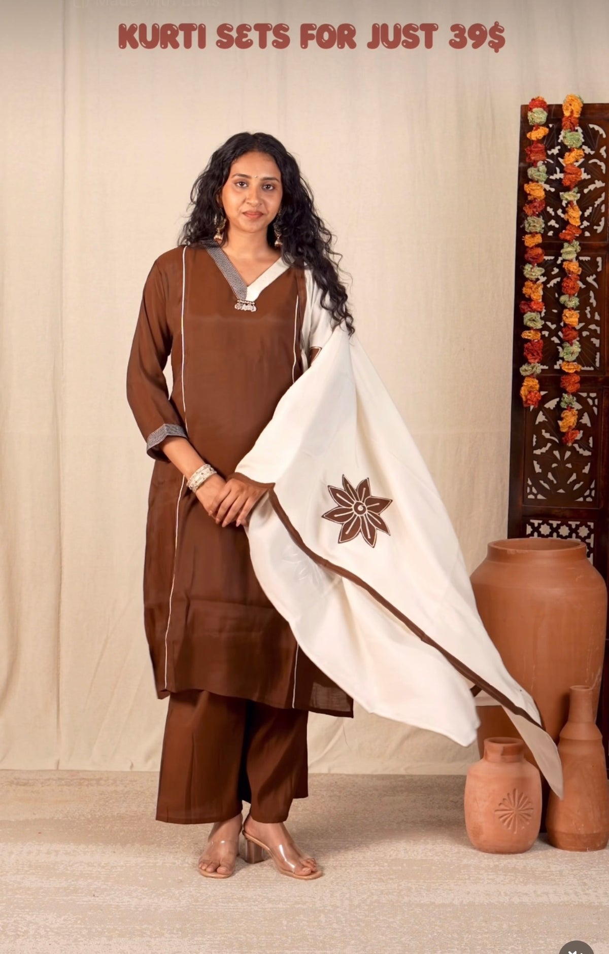 Aarohi Three-Piece Kurti Set with Floral Applique Dupatta