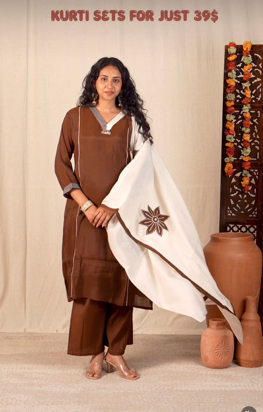 Aarohi Three-Piece Kurti Set with Floral Applique Dupatta