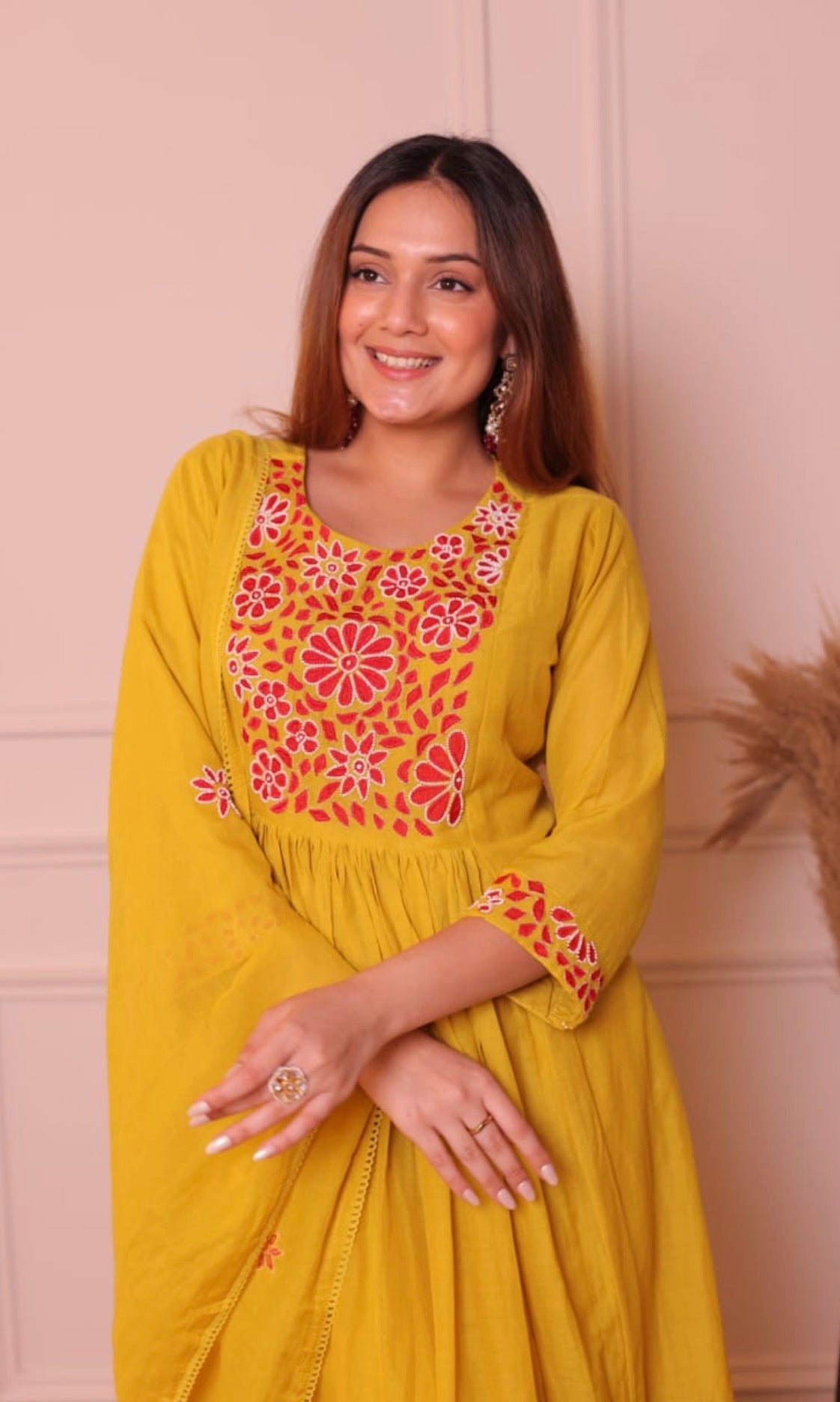 Mustard Yellow Embroidered Kurti Set