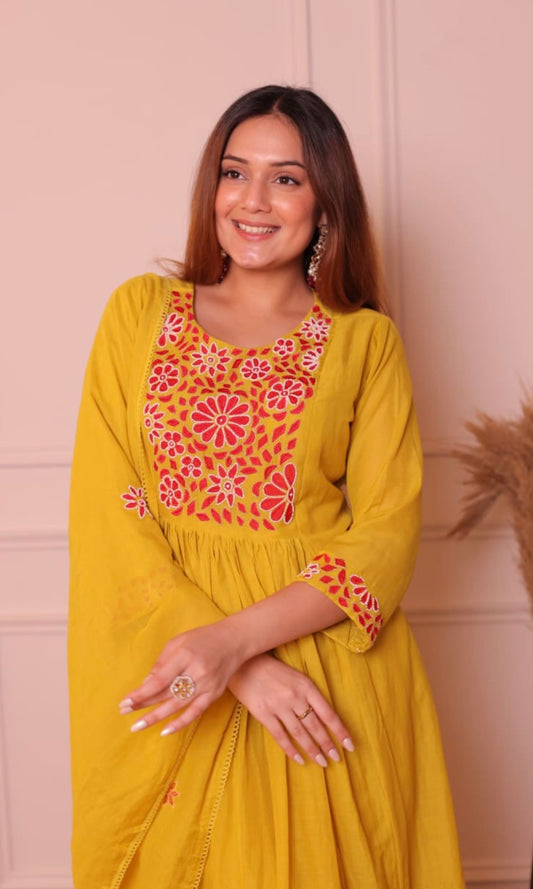 Mustard Yellow Embroidered Kurti Set