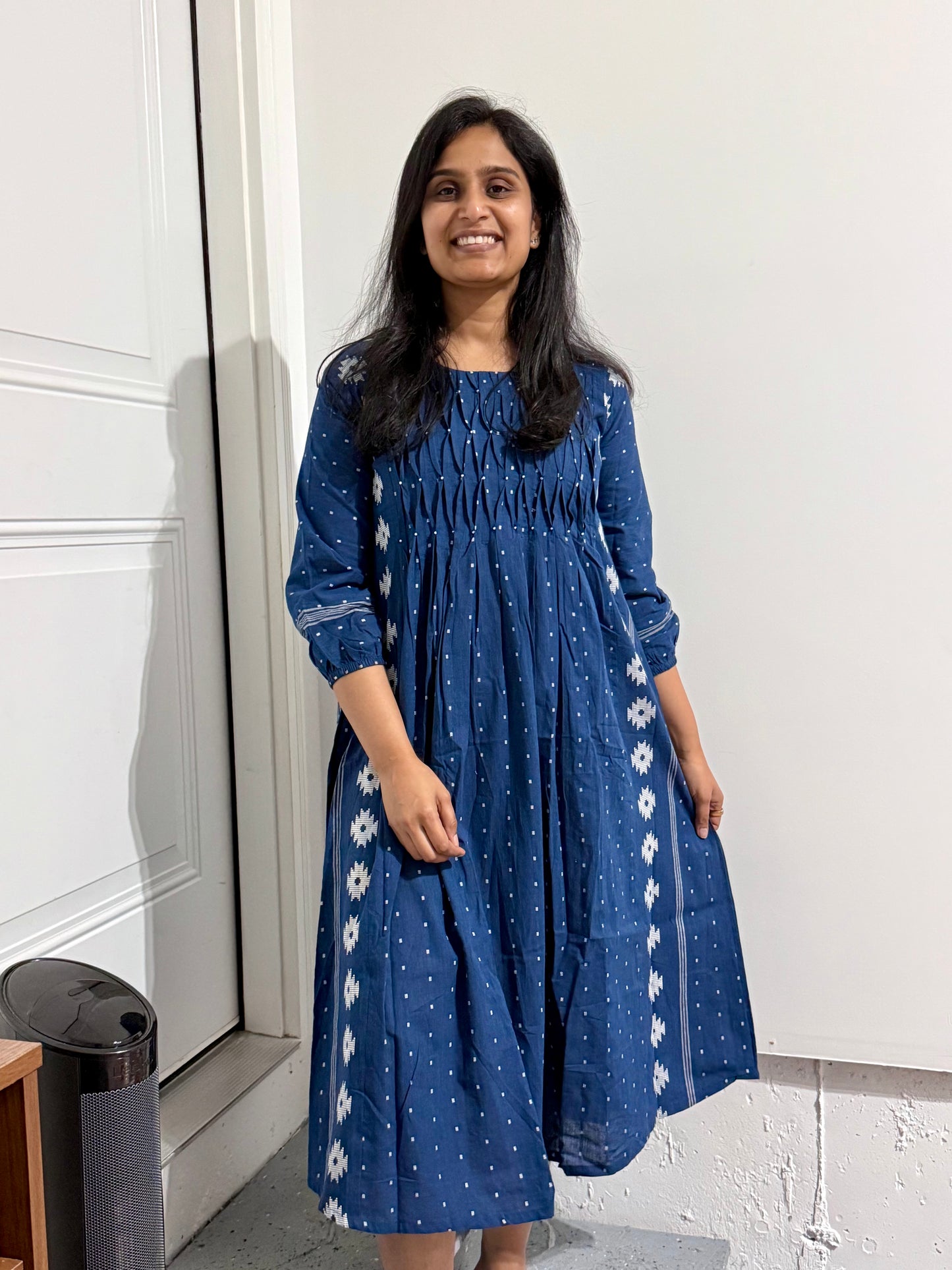 Denim blue Textured Cotton Button-Front Frock