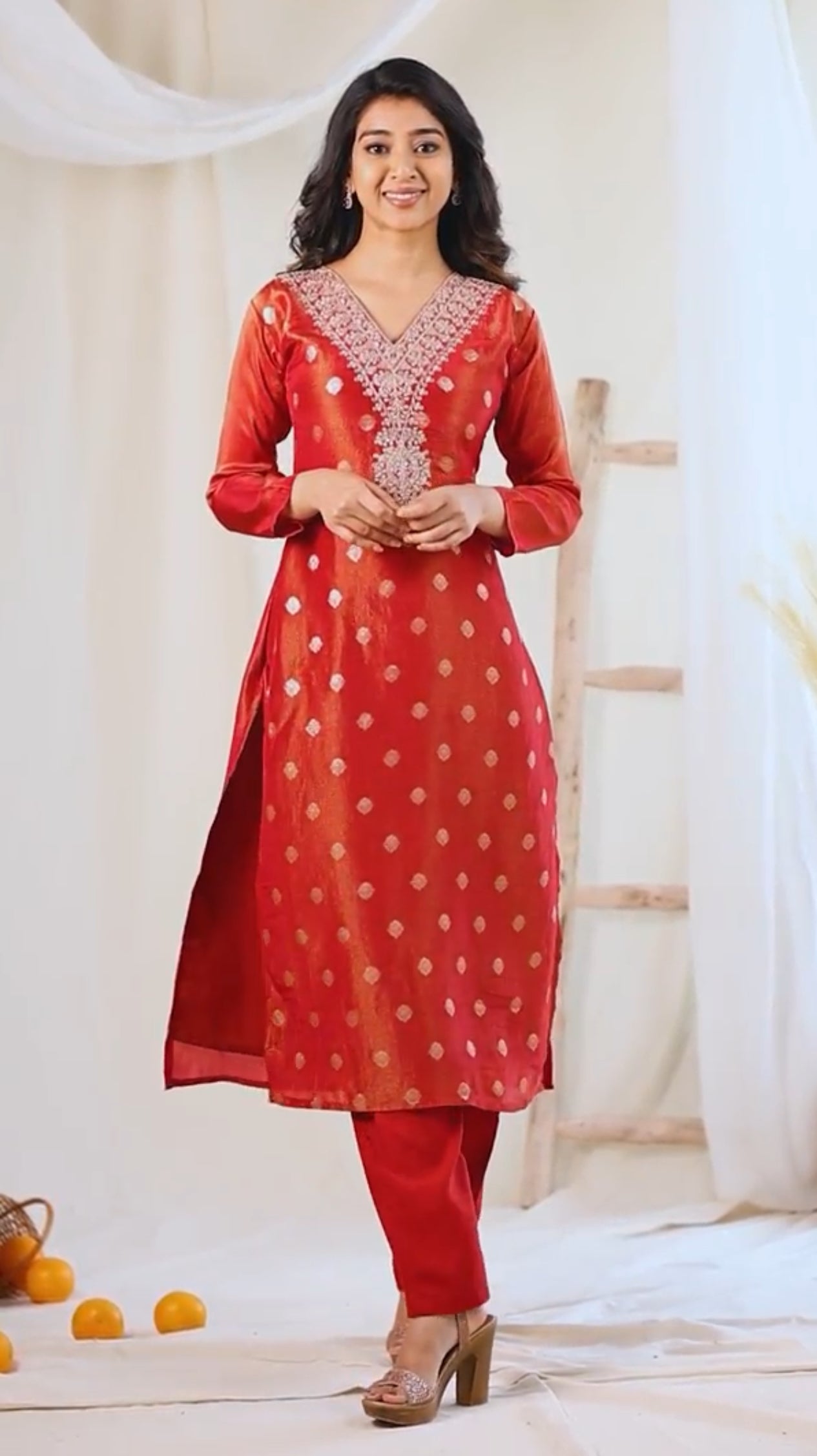 Maroon Red Three-Piece Tissue Shimmer Kurti Set with Embellished Yoke and Designer Dupatta