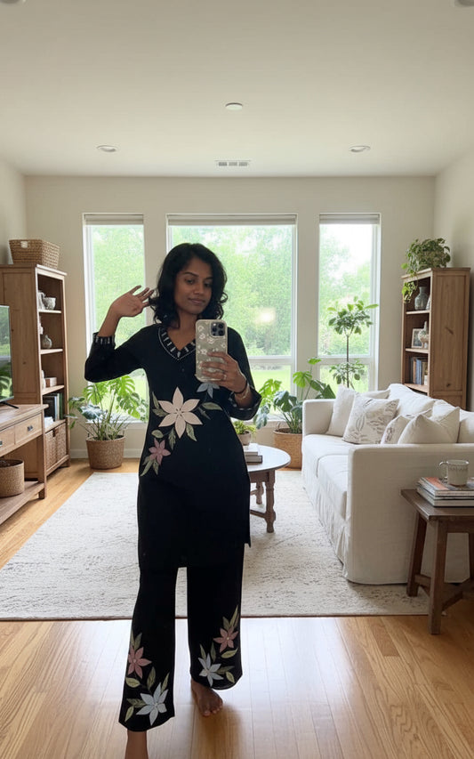 DV Only Stylish Black Cord Set with Machine Embroidery