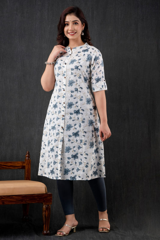 Chic Cotton Kurti with Pockets - White and Blue