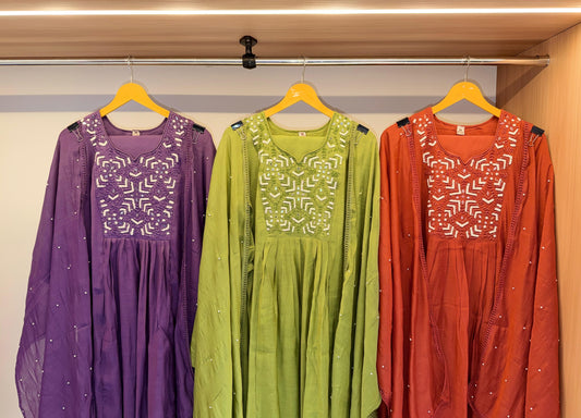 Bright Mul Chanderi with embroidery -Yoke Ensemble