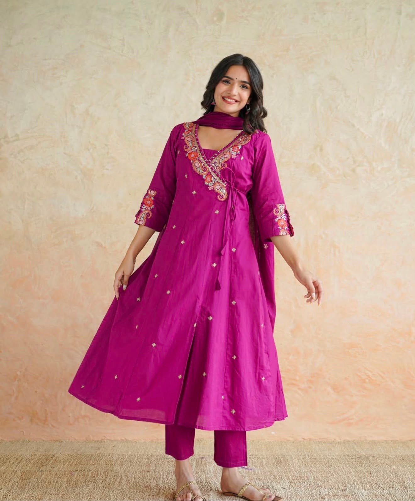 Cotton Angrakha three piece kurti set