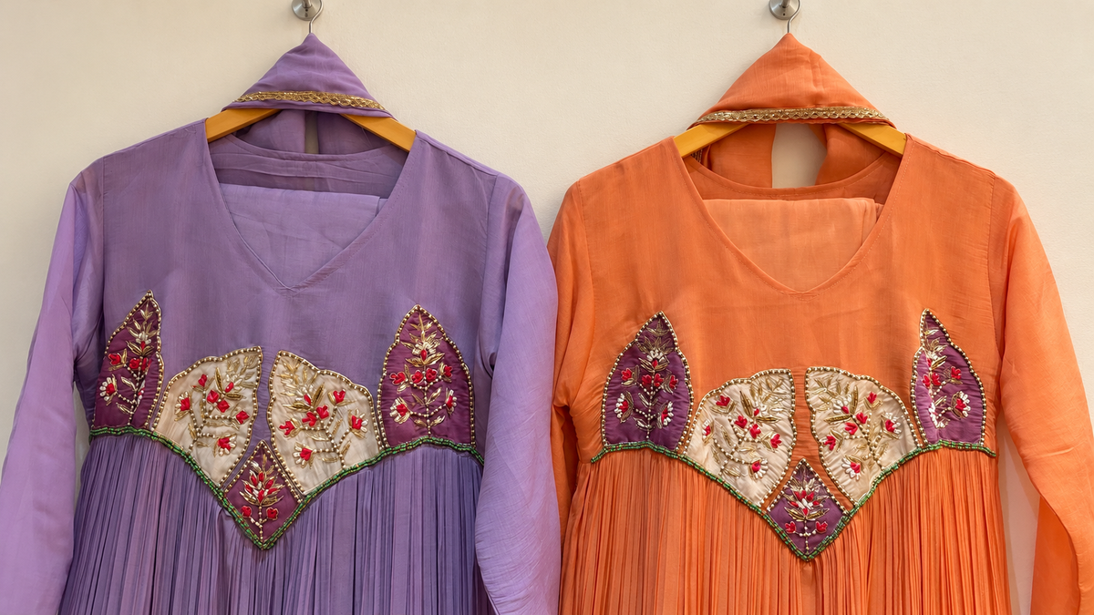 Floral Appliqué Pleated Maxi Dress – Lavender & Peach Orange
