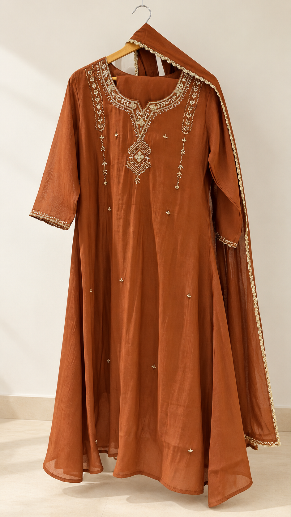 Rust Brown Gold Embroidered Dress with Dupatta