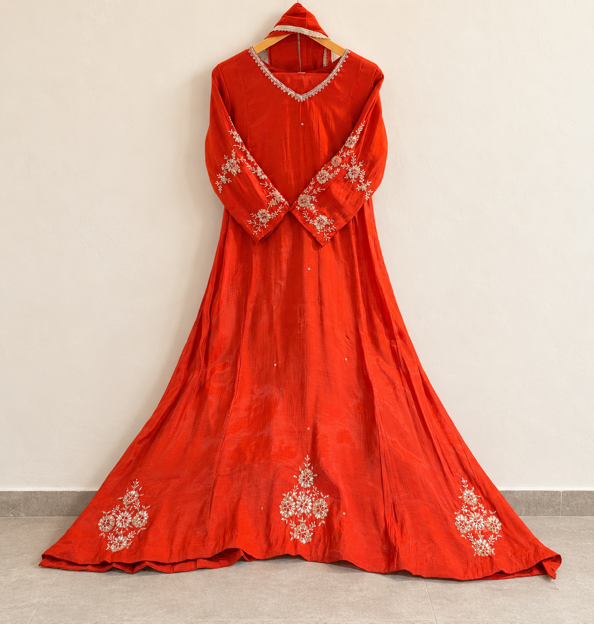 Orange peacock blue Floral Embroidered Flared Anarkali Aline Dress