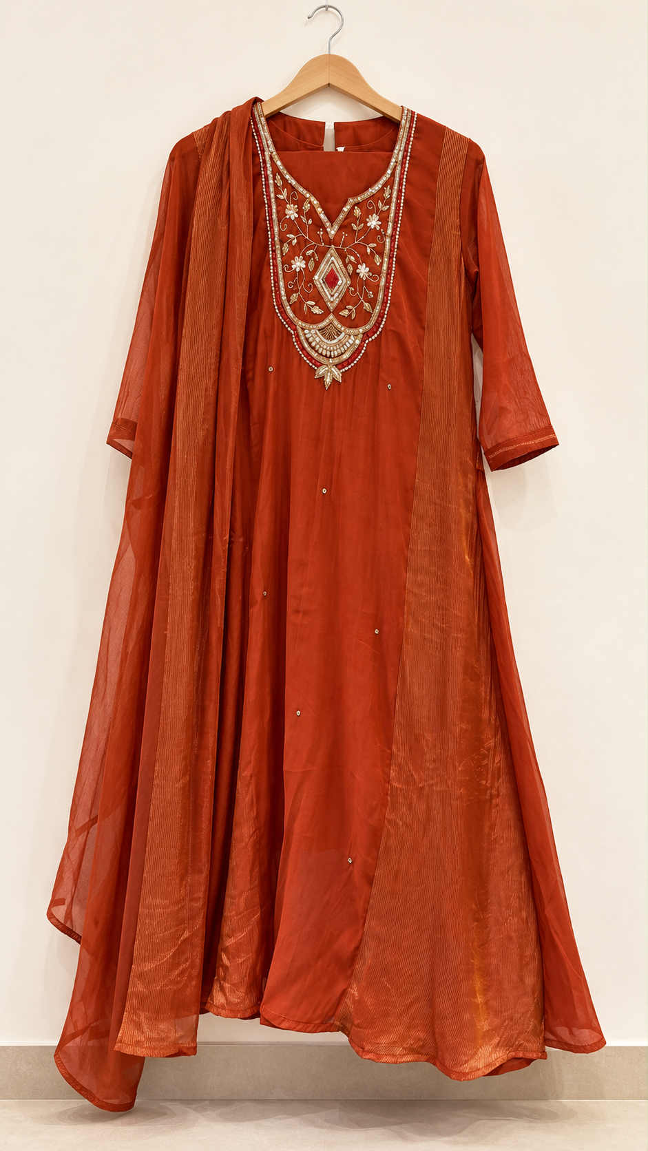 Rust Embroidered Dress with Dupatta