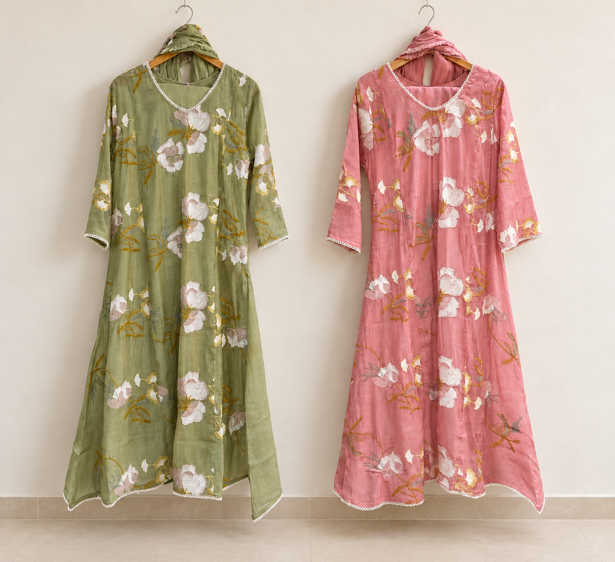 Floral Dress with Dupatta – Sage Green or Dusty Pink